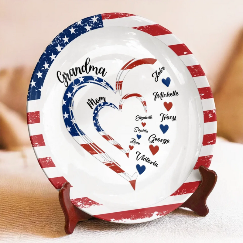 Custom Name Patriotic Family Heart Gifts for Grandma - Personalized Ceramic Plate