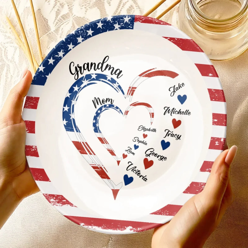 Custom Name Patriotic Family Heart Gifts for Grandma - Personalized Ceramic Plate