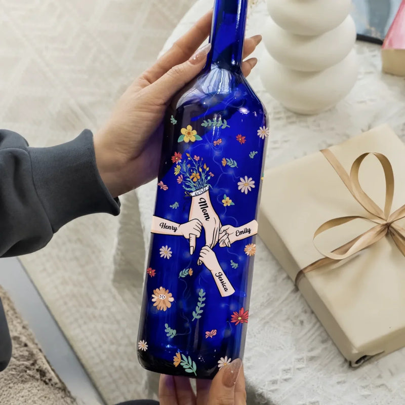 Custom Name Floral Decor - Personalized Blue Bottle Lamp