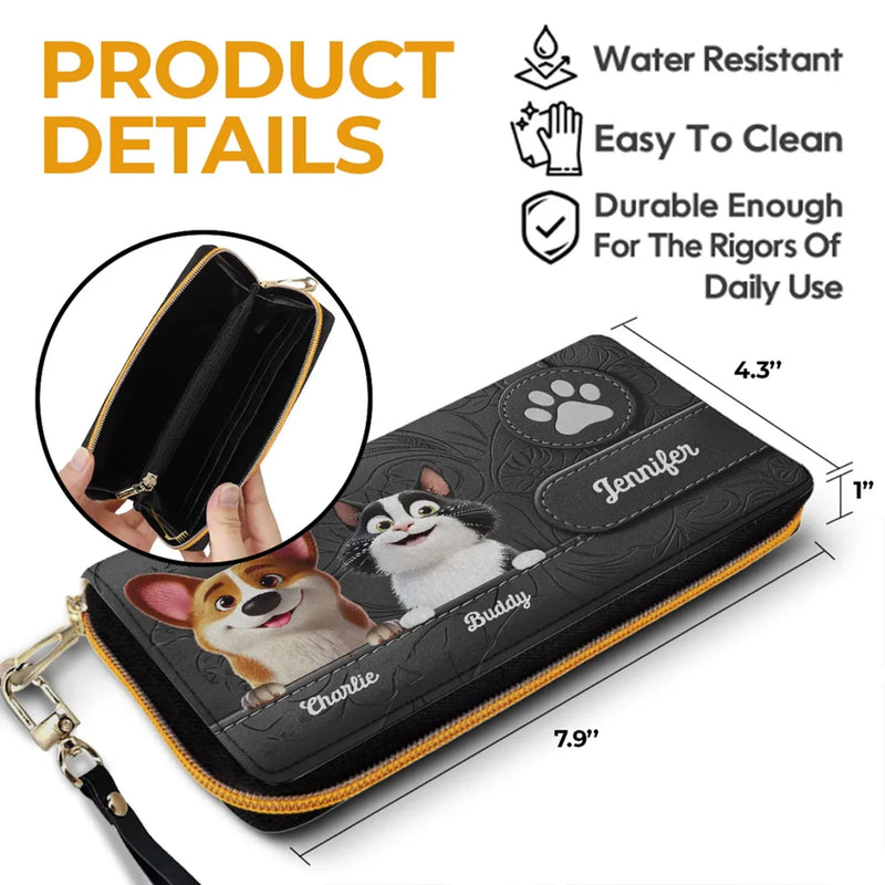 Custom Name Dog and Cat Gifts for Pet Lovers - Personalized Leather Long Wallet