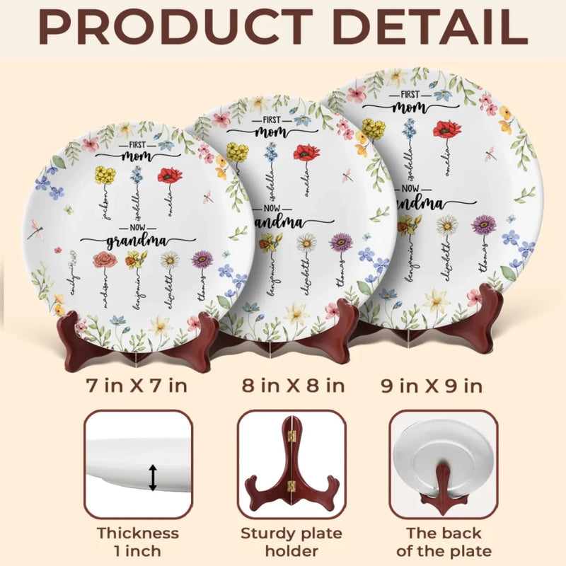 First Mom Now Grandma Floral Gift for Grandmothers - Ceramic Plate