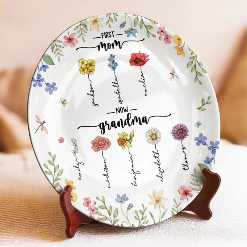 First Mom Now Grandma Floral Gift for Grandmothers - Ceramic Plate