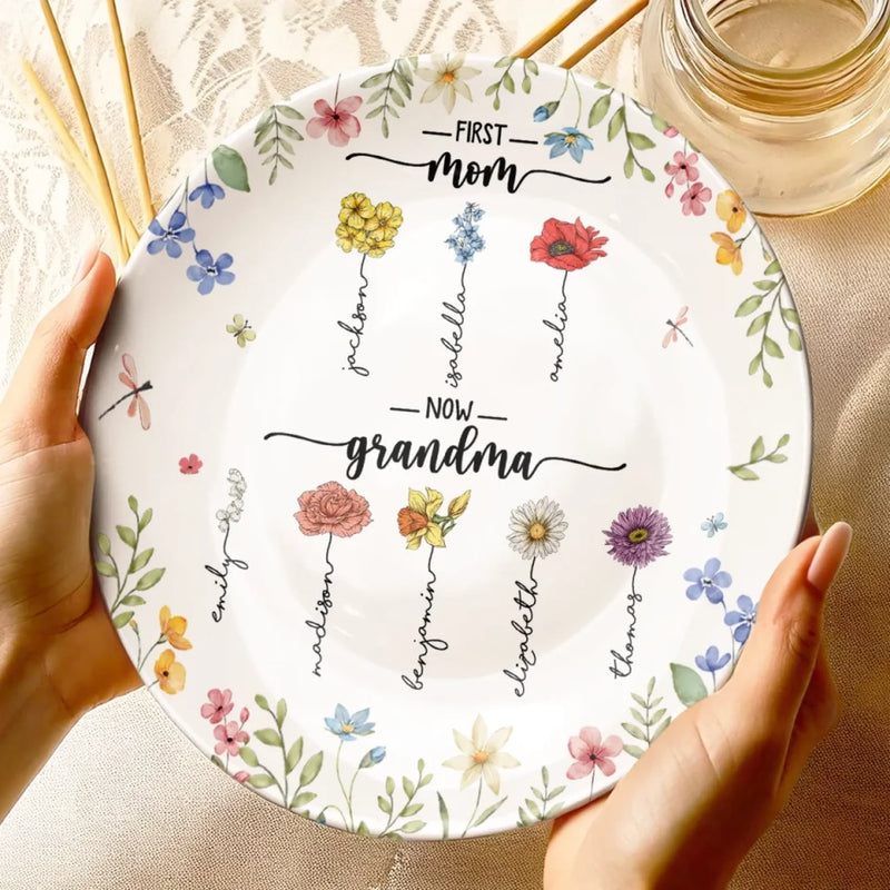 First Mom Now Grandma Floral Gift for Grandmothers - Ceramic Plate