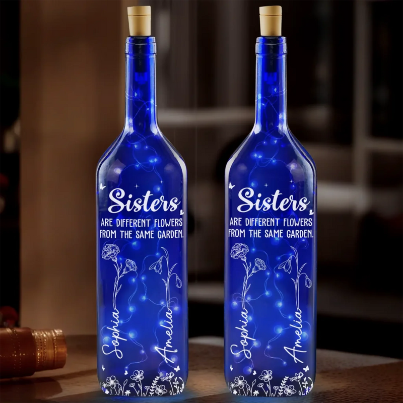 Sisters Are Different Flowers From The Same Garden - Bestie Personalized Custom Blue Bottle Lamp - Gift For Best Friends, BFF, Sisters