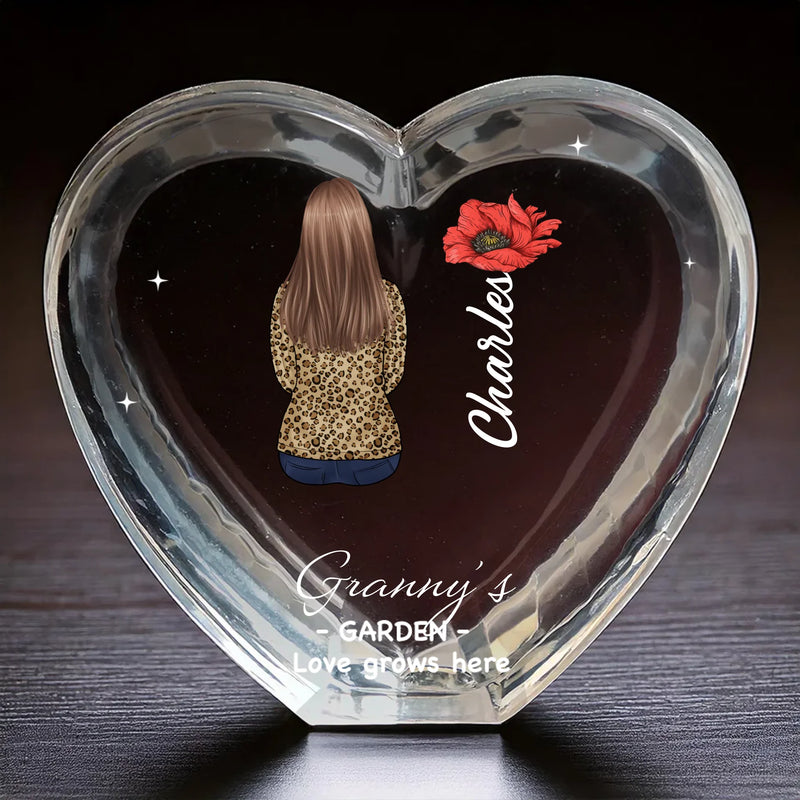 Grandma's Garden Grows Here - Family Personalized Custom 3D Crystal Heart Shaped - Mother's Day, Gift For Mom, Grandma