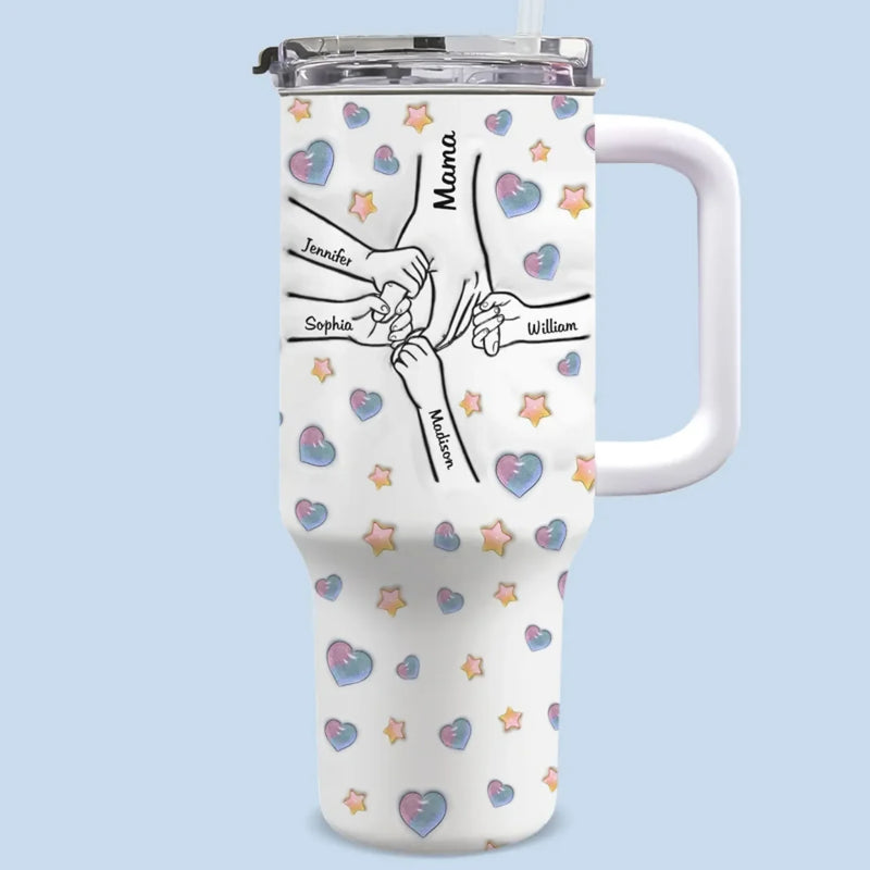 Holding Hands, Holding Hearts - Family Personalized Custom 3D Inflated Effect Printed 40 Oz Stainless Steel Tumbler With Handle - Mother's Day, Gift For Mom, Grandma