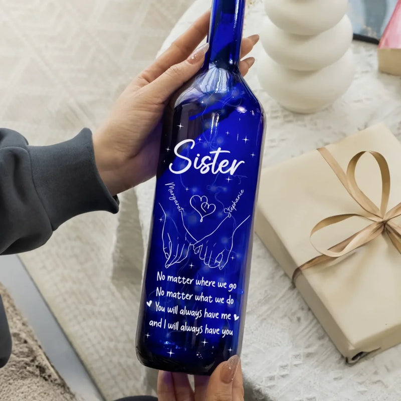 Through Every Moment, A Sister’s Love Shines Bright - Bestie Personalized Custom Blue Bottle Lamp - Gift For Best Friends, BFF, Sisters