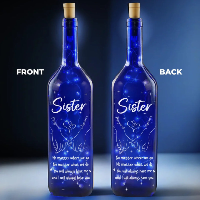 Through Every Moment, A Sister’s Love Shines Bright - Bestie Personalized Custom Blue Bottle Lamp - Gift For Best Friends, BFF, Sisters