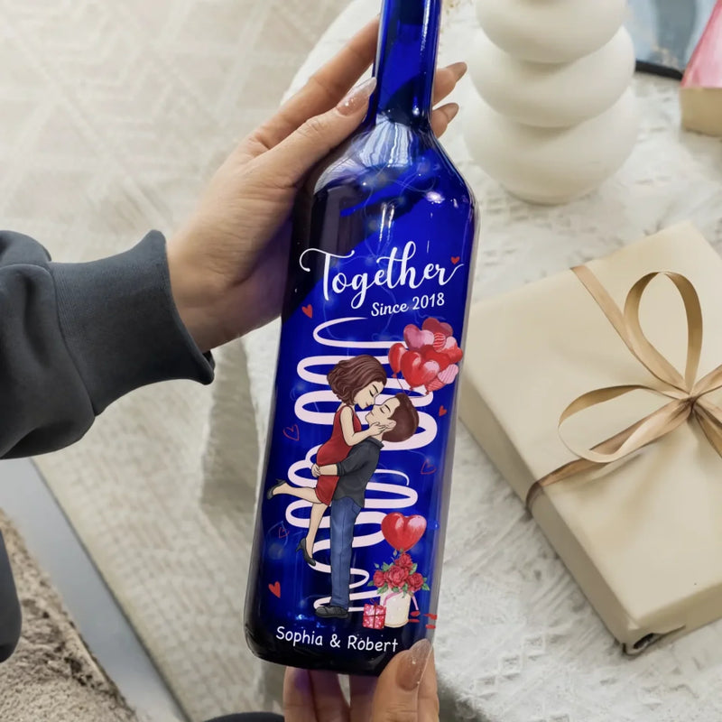 Hand In Hand, Heart To Heart, Forever Ours - Couple Personalized Custom Blue Bottle Lamp - Gift For Husband Wife, Anniversary