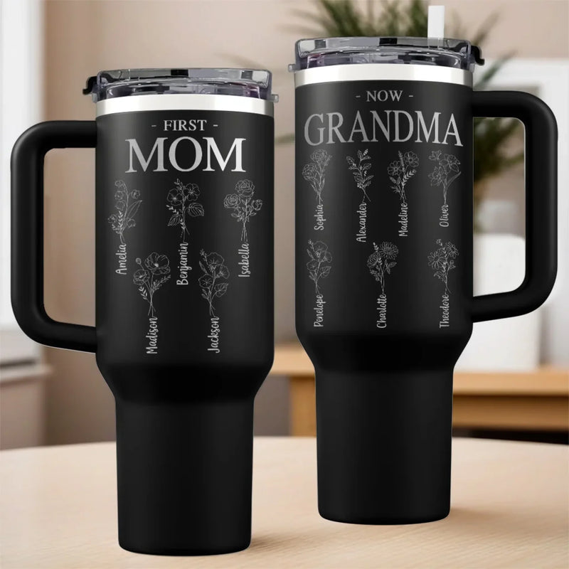 Family Grows, Love Multiplies - Family Personalized Custom Engraved 40oz Tumbler With Handle - Mother's Day, Gift For Mom, Grandma