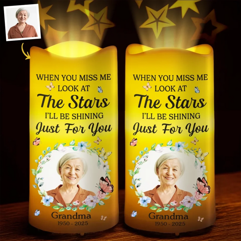 Custom Photo Love Never Fades, It Shines Above - Memorial Personalized Custom LED Projection Flameless Candle - Sympathy Gift For Family Members