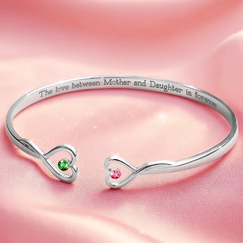 The Love Between Mother And Daughter Is Forever - Family Personalized Custom Engraved Infinity Heart Bangle With Birthstones - Mother's Day, Gift For Mom, Daughter