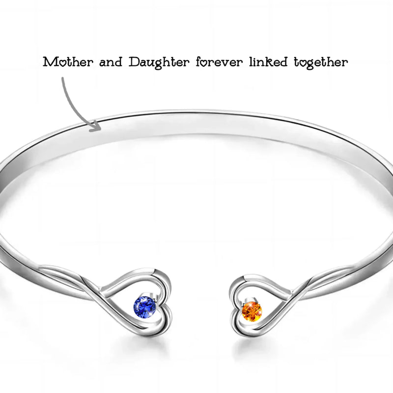 The Love Between Mother And Daughter Is Forever - Family Personalized Custom Engraved Infinity Heart Bangle With Birthstones - Mother's Day, Gift For Mom, Daughter