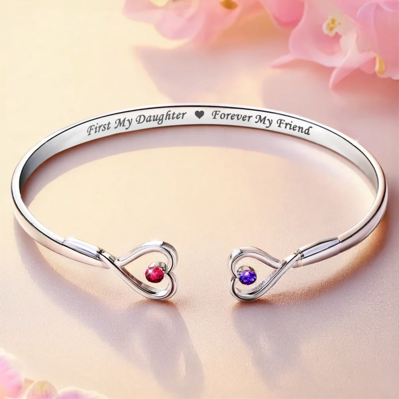 First My Mother, Forever My Friend - Family Personalized Custom Engraved Infinity Heart Bangle With Birthstones - Mother's Day, Gift For Mom, Daughter