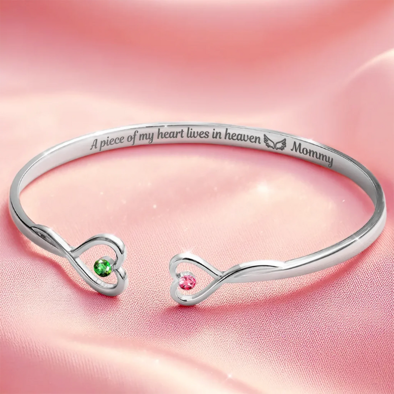A Piece Of My Heart Lives In Heaven - Memorial Personalized Custom Engraved Infinity Heart Bangle With Birthstones - Sympathy Gift For Family Members
