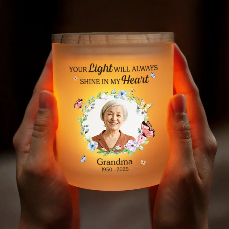Custom Photo Your Light Will Always Shine - Memorial Personalized Custom Printed Glass Jar With LED Candle - Sympathy Gift For Family Members