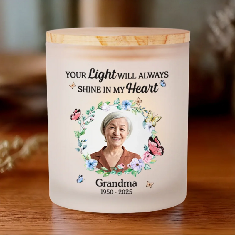 Custom Photo Your Light Will Always Shine - Memorial Personalized Custom Printed Glass Jar With LED Candle - Sympathy Gift For Family Members