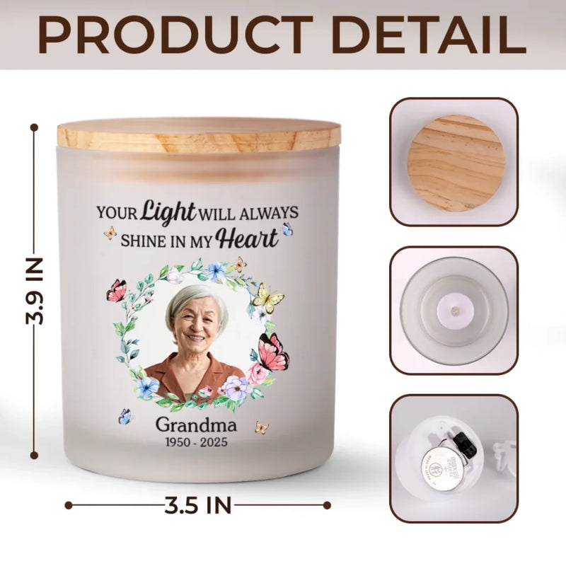 Custom Photo Your Light Will Always Shine - Memorial Personalized Custom Printed Glass Jar With LED Candle - Sympathy Gift For Family Members