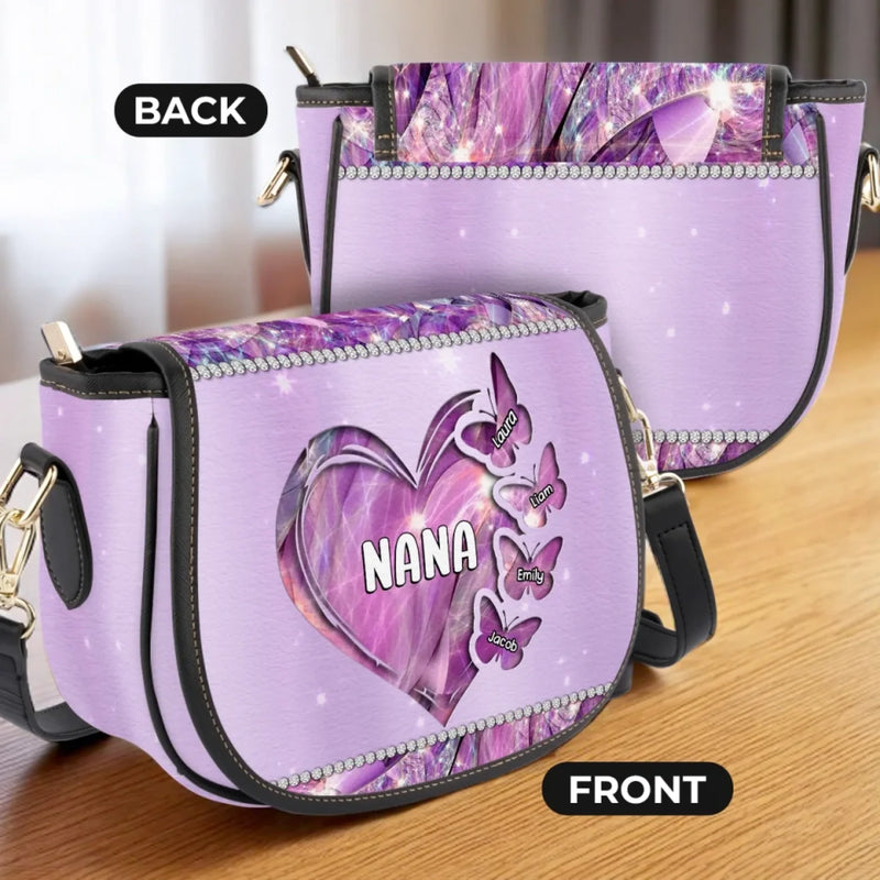 Grandma’s Love Makes Every Moment Magical - Family Personalized Custom Leather Saddle Bag - Mother's Day, Gift For Mom, Grandma