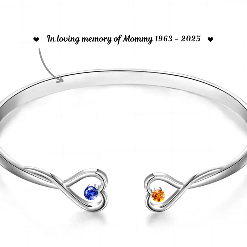 Forever In My Heart - Memorial Personalized Custom Engraved Infinity Heart Bangle With Birthstones - Sympathy Gift For Family Members