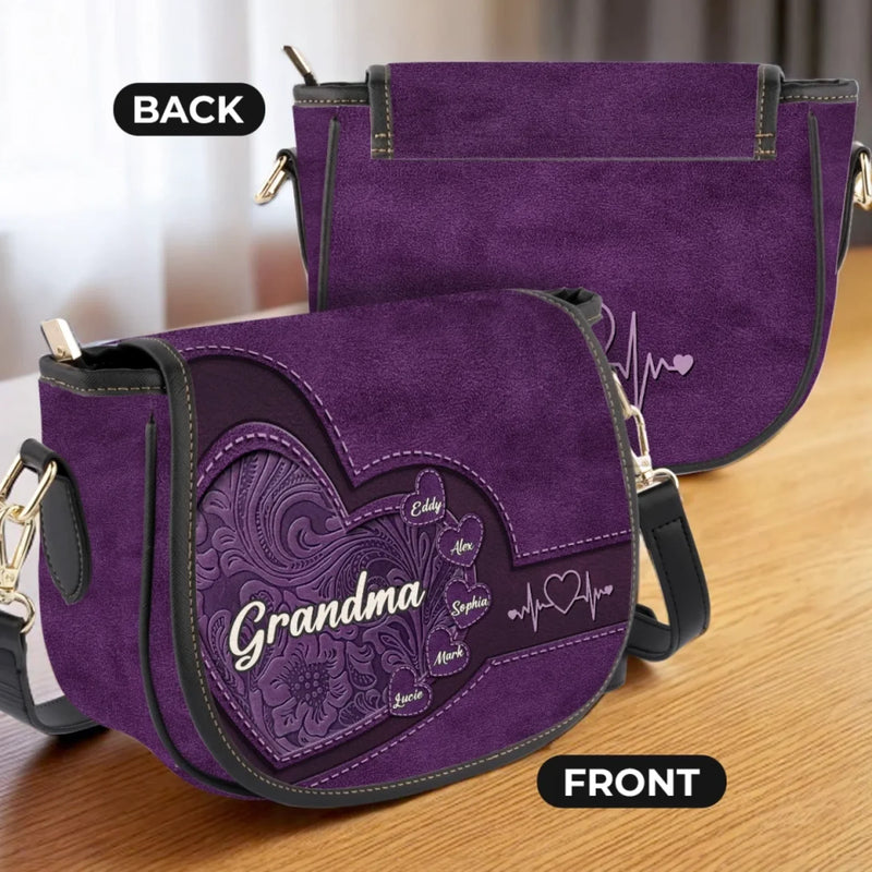 Custom Name Grandma Gifts for Grandmother - Personalized Leather Saddle Bag