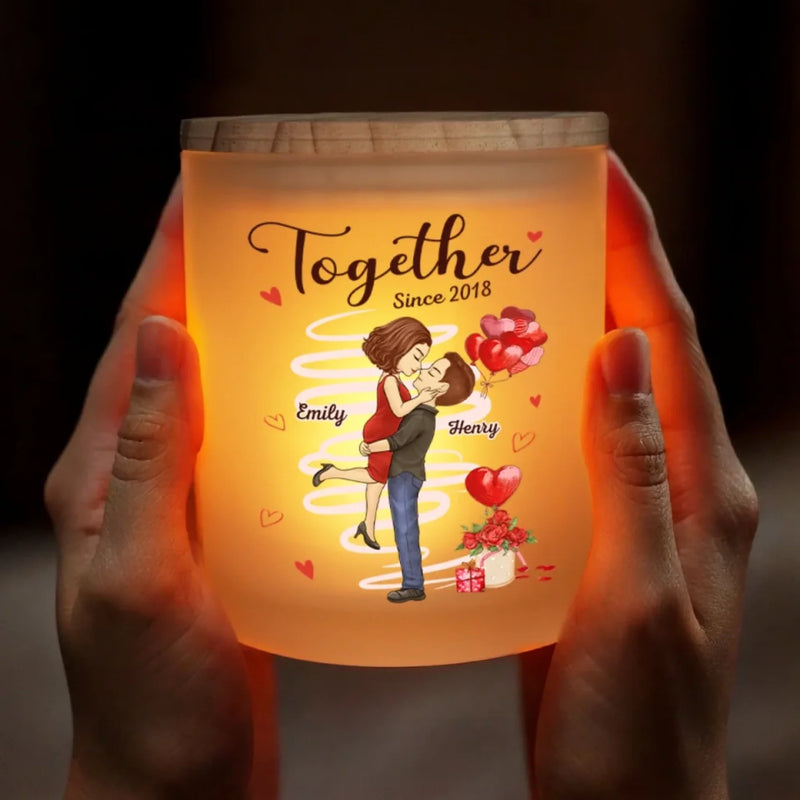 Custom Name Anniversary Gifts for Couples - Personalized Glass Jar with LED Candle