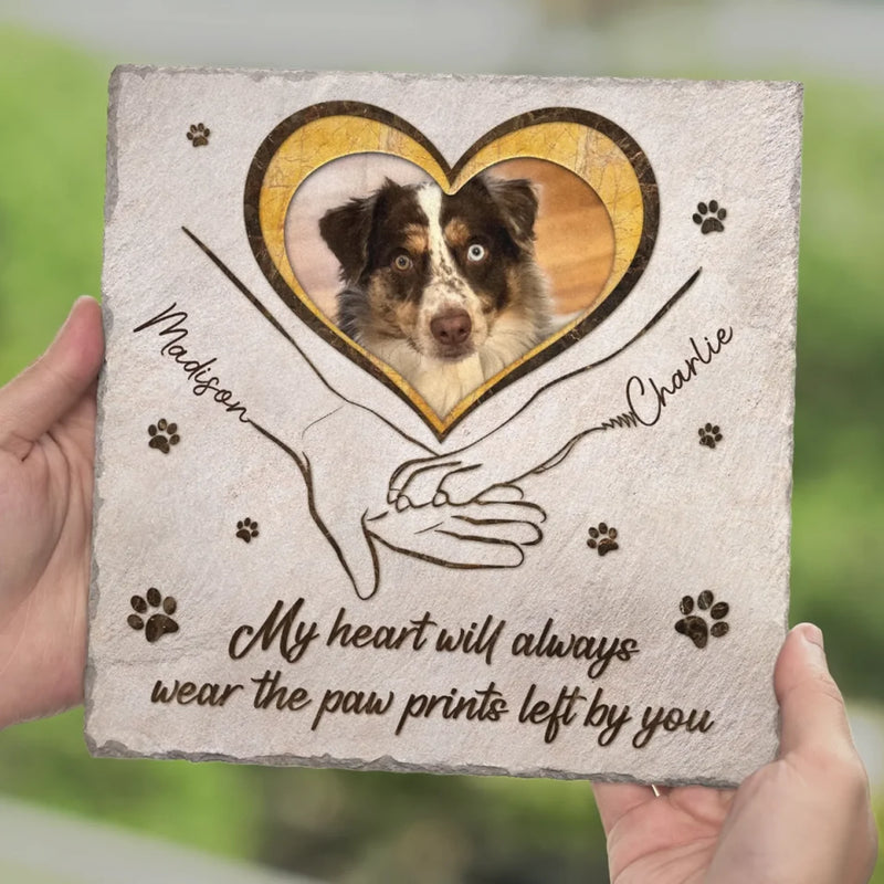 Custom Photo The Paw Prints You Left Will Stay Forever - Memorial Personalized Custom Square Shaped Stone With Stand - Sympathy Gift For Pet Owners, Pet Lovers