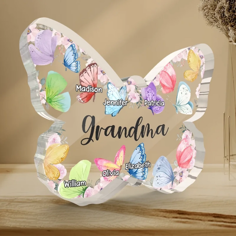 Love Grows Wings In A Grandma’s Heart - Family Personalized Custom Butterfly Shaped Acrylic Plaque - Mother's Day, Gift For Mom, Grandma