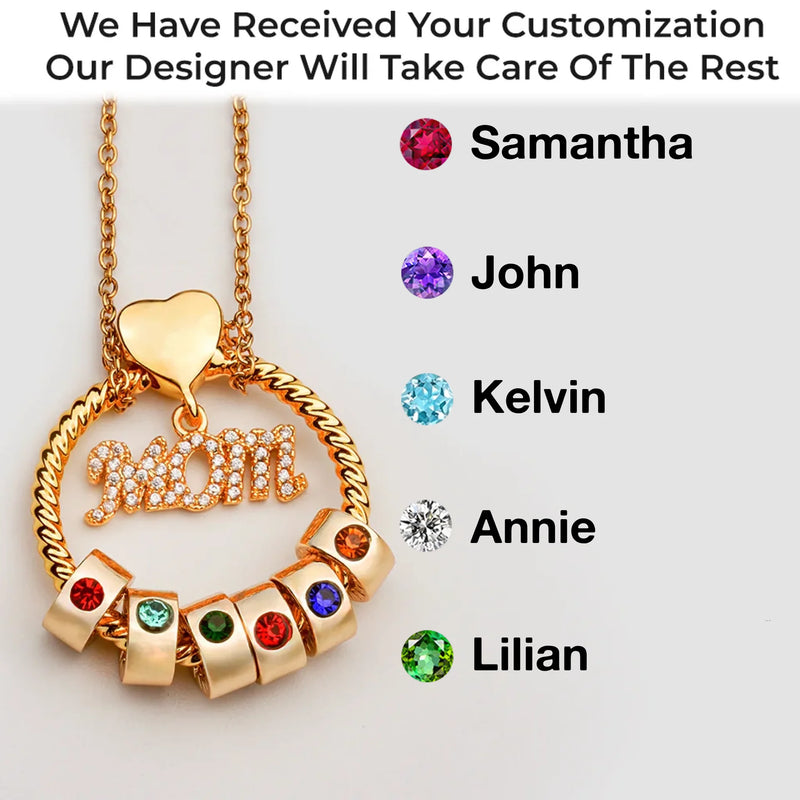Mom’s Love, Forever Engraved - Family Personalized Custom Circle Pendant With Birthstone Beads Necklace - Mother's Day, Gift For Mom