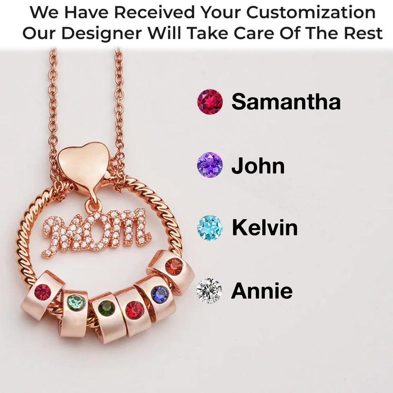 Mom’s Love, Forever Engraved - Family Personalized Custom Circle Pendant With Birthstone Beads Necklace - Mother's Day, Gift For Mom
