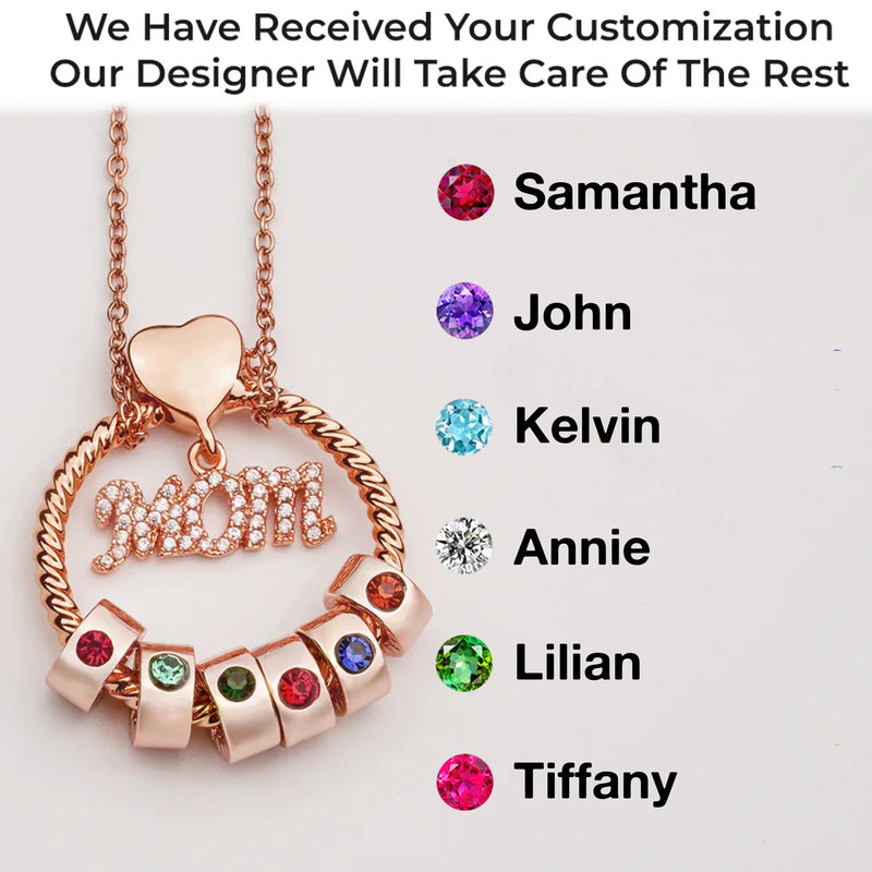 Mom’s Love, Forever Engraved - Family Personalized Custom Circle Pendant With Birthstone Beads Necklace - Mother's Day, Gift For Mom
