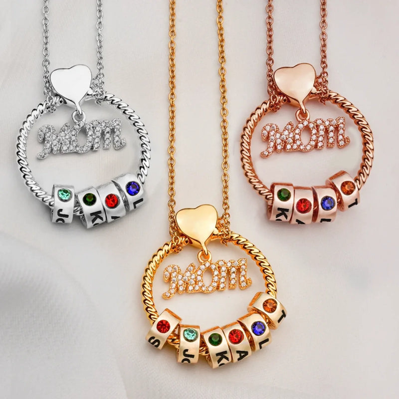 Mom’s Love, Forever Engraved - Family Personalized Custom Circle Pendant With Birthstone Beads Necklace - Mother's Day, Gift For Mom