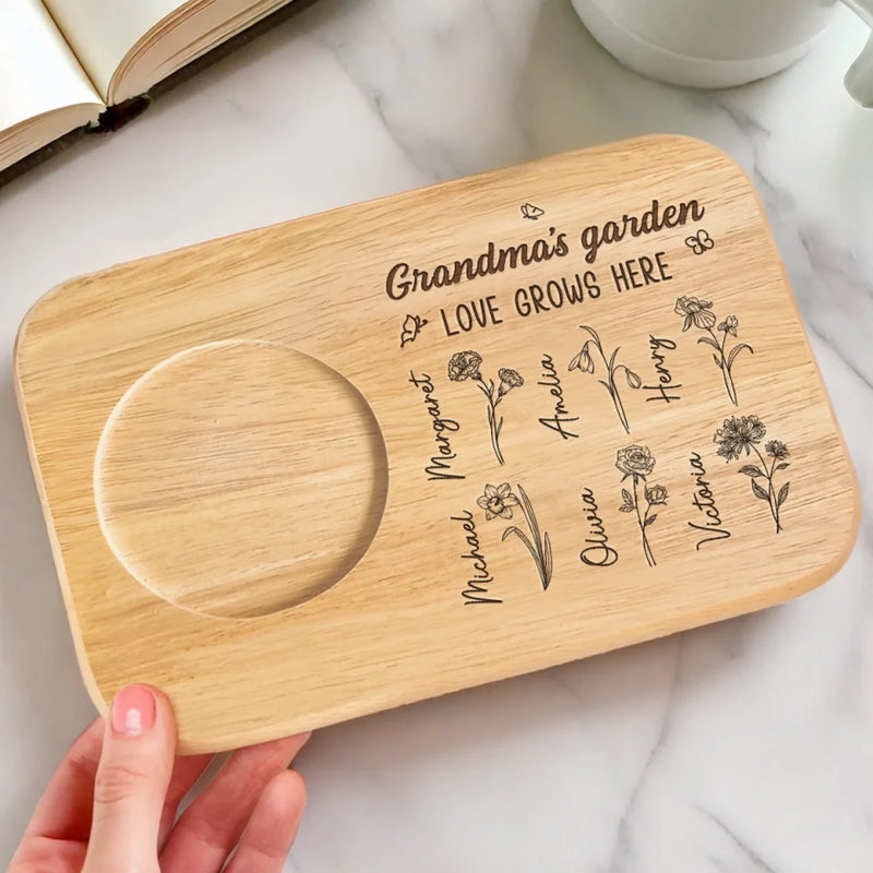 Grandma’s Love Blooms Forever - Family Personalized Custom Engraved Wooden Tea & Snack Board - Mother's Day, Gift For Mom, Grandma