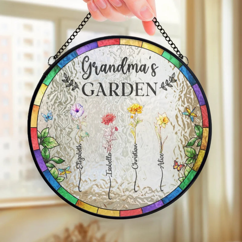Where Grandkids Grow And Love Blooms - Family Personalized Custom Stained Glass Window Hanging Suncatcher - Mother's Day, Gift For Mom, Grandma