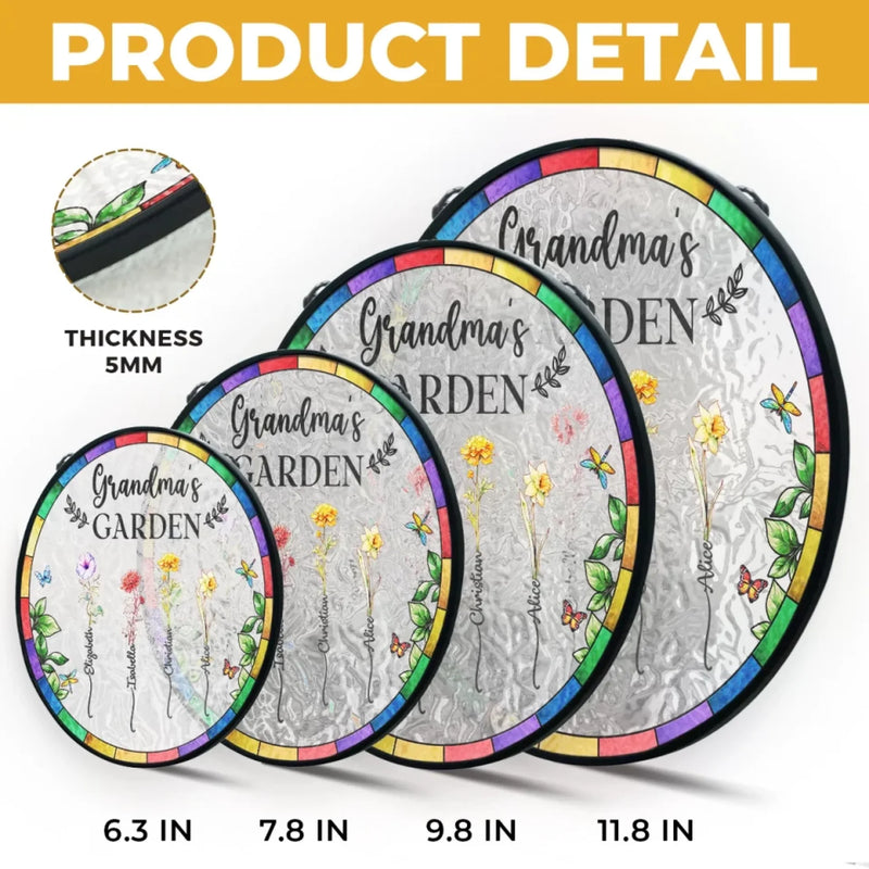 Where Grandkids Grow And Love Blooms - Family Personalized Custom Stained Glass Window Hanging Suncatcher - Mother's Day, Gift For Mom, Grandma