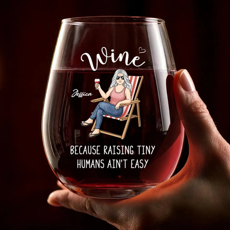 Raising Tiny Humans, One Sip At A Time - Family Personalized Custom Wine Glass - Mother's Day, Gift For Mom, Grandma