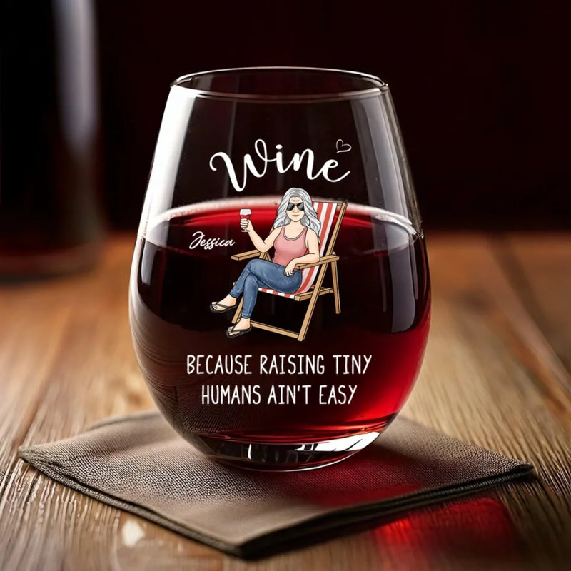 Raising Tiny Humans, One Sip At A Time - Family Personalized Custom Wine Glass - Mother's Day, Gift For Mom, Grandma