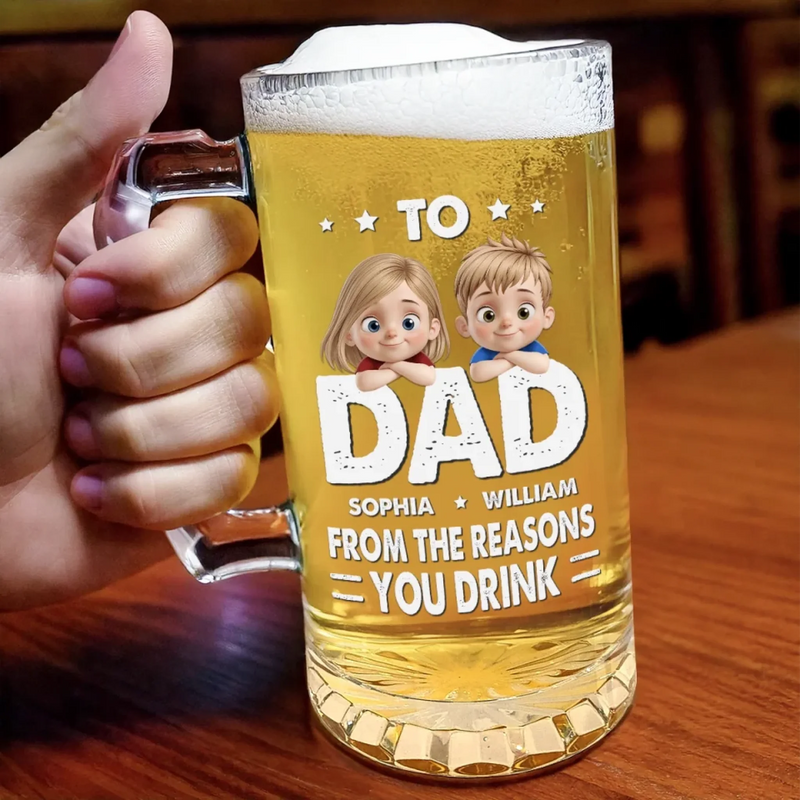 Here's To Dad, The Man Behind Our Cheers - Family Personalized Custom Glass Beer Mug - Father's Day, Gift For Dad, Grandpa