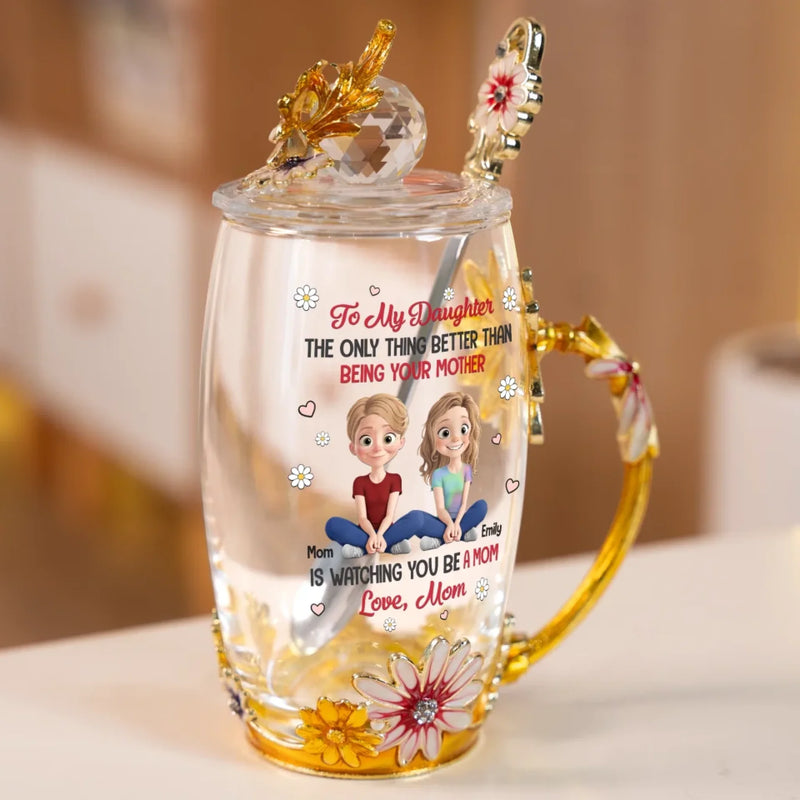 Bond That Grows Stronger - Family Personalized Custom Enamel Flower Tea Cup With Lid & Spoon - Mother's Day, Gift For Mom, Daughter