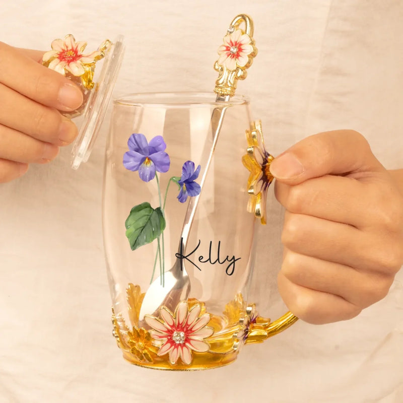 Blossom With Grace - Family Personalized Custom Enamel Flower Tea Cup With Lid & Spoon - Mother's Day, Gift For Mom, Grandma, Daughter