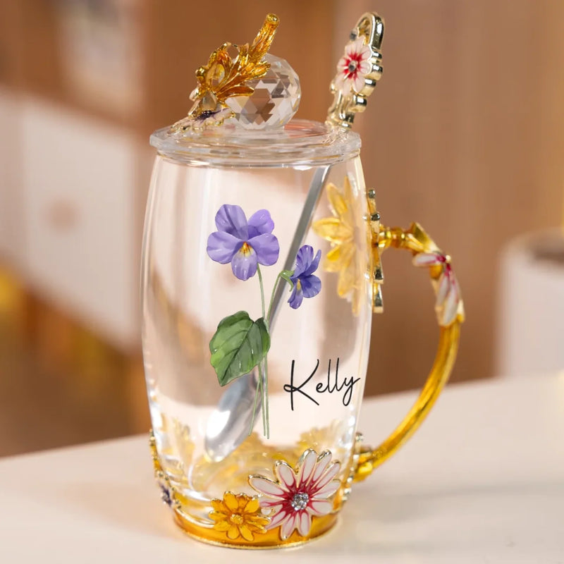 Blossom With Grace - Family Personalized Custom Enamel Flower Tea Cup With Lid & Spoon - Mother's Day, Gift For Mom, Grandma, Daughter