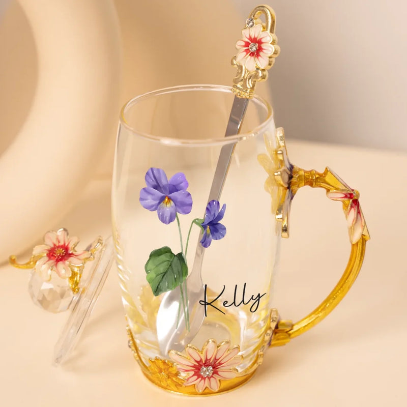 Blossom With Grace - Family Personalized Custom Enamel Flower Tea Cup With Lid & Spoon - Mother's Day, Gift For Mom, Grandma, Daughter