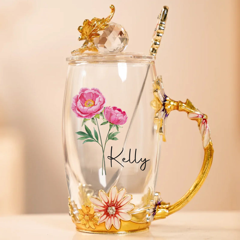 Blossom With Grace - Family Personalized Custom Enamel Flower Tea Cup With Lid & Spoon - Mother's Day, Gift For Mom, Grandma, Daughter