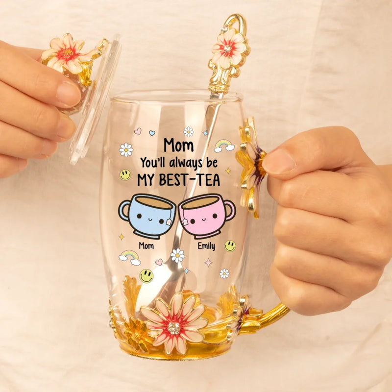 Tea Time, Love Time - Family Personalized Custom Enamel Flower Tea Cup With Lid & Spoon - Mother's Day, Gift For Mom, Daughter