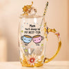 Tea Time, Love Time - Family Personalized Custom Enamel Flower Tea Cup With Lid & Spoon - Mother's Day, Gift For Mom, Daughter