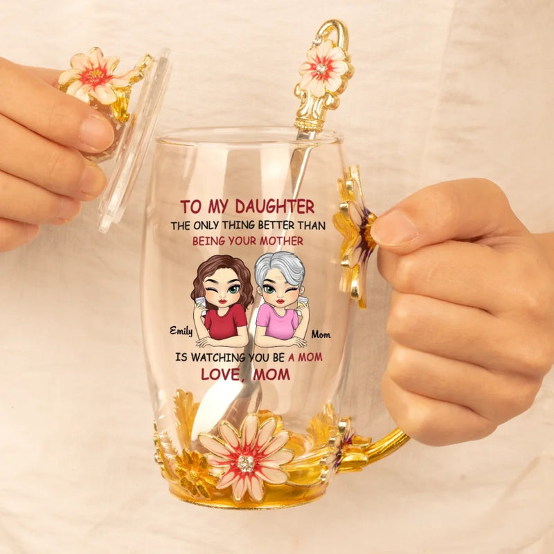 The Love Between Us Never Fades - Family Personalized Custom Enamel Flower Tea Cup With Lid & Spoon - Mother's Day, Gift For Mom, Daughter