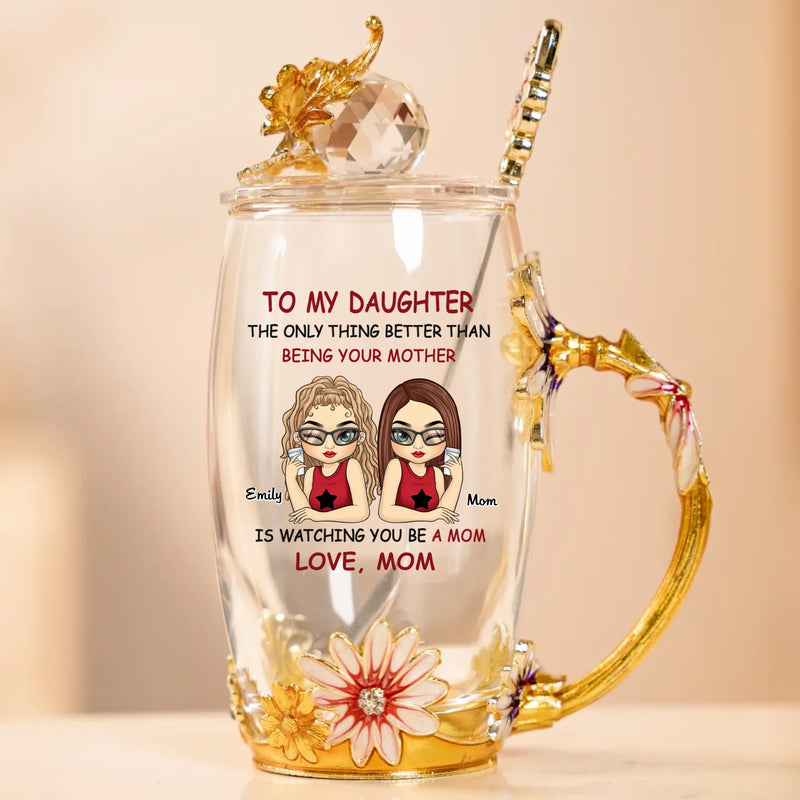 The Love Between Us Never Fades - Family Personalized Custom Enamel Flower Tea Cup With Lid & Spoon - Mother's Day, Gift For Mom, Daughter