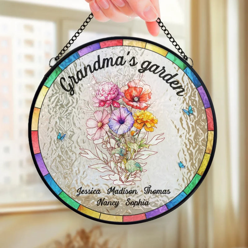 Growing Love, One Flower At A Time - Family Personalized Custom Stained Glass Window Hanging Suncatcher - Mother's Day, Gift For Mom, Grandma