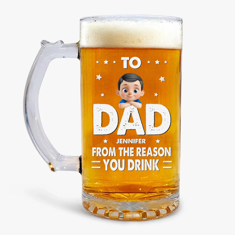 Here's To Dad, The Man Behind Our Cheers - Family Personalized Custom Glass Beer Mug - Father's Day, Gift For Dad, Grandpa