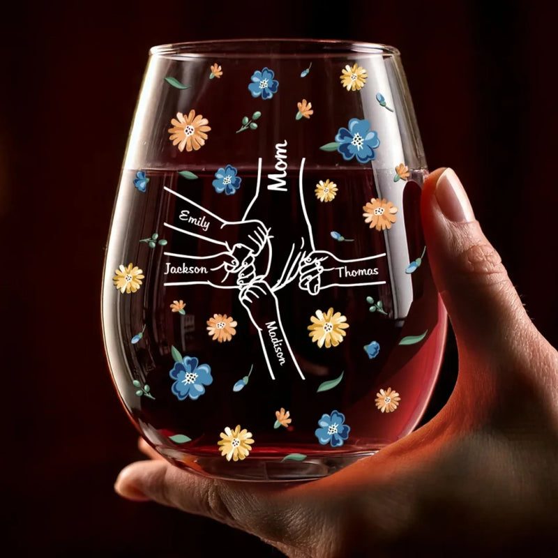 Held Together By Love - Family Personalized Custom Wine Glass - Mother's Day, Gift For Mom, Grandma